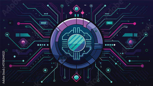 Digital interface featuring complex circuit patterns in vibrant colors, showcasing futuristic technology elements