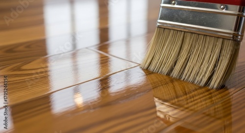 Brush applying a shiny finish to wood flooring, reflections visible