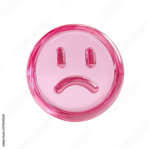 A glossy, pink, circular emoticon with a downturned mouth and sad expression