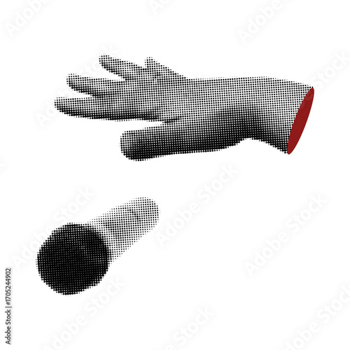 Hand dropped the microphone element with retro photocopy stipple effect. Vector illustration  for collage isolated background.