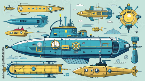 Collection of colorful submarines showcasing various designs and features in a cartoonish style