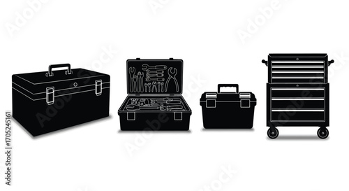 Collection of assorted toolboxes and rolling tool chest silhouette