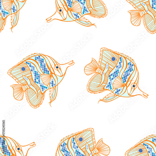 Tropical nice fish on white background. Art sea seamless pattern. Vector. Perfect for design templates, wallpaper, wrapping, fabric, print and textile. 