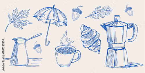 Blue ink sketch autumn collection. Set with filter coffee maker, moka pot, umbrella, mug, croissant, leaves and acorn. One-line vector hand drawing.