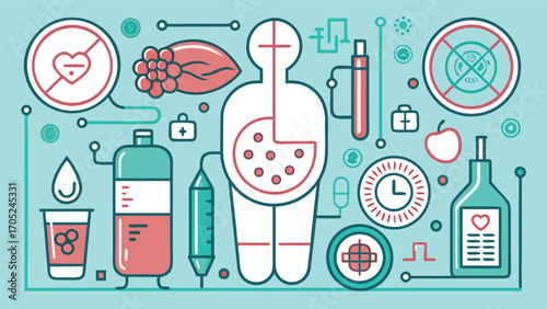 Health and wellness concepts illustrated with a human figure, medical symbols, and various health-related elements