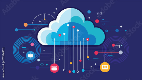 Modern cloud computing concept with interconnected devices and data visualization