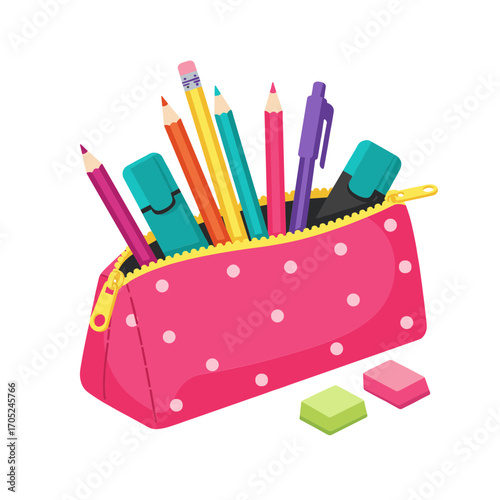 Colorful School Stationery in a Pink Pencil Case