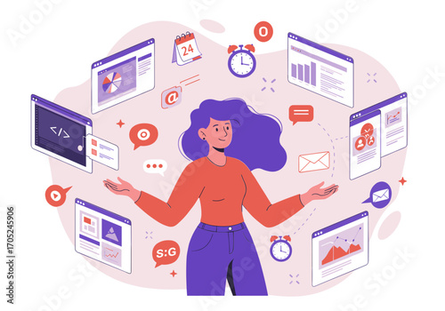 Dynamic businesswoman masterfully juggling multiple projects and tasks in a modern digital workflow environment