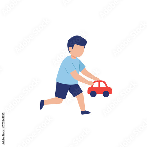 Joyful child actively playing with a red toy car in a dynamic, fun scene