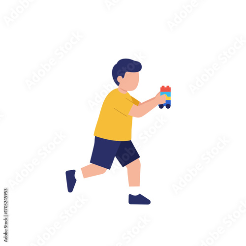 Energetic child running with colorful toy blaster, capturing joy and active play in a vibrant scene.