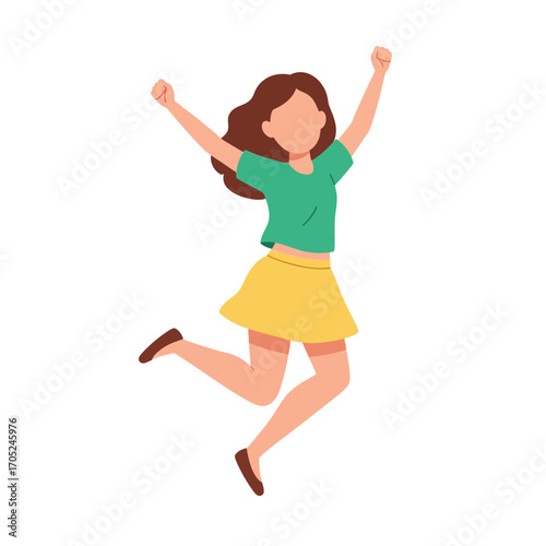 Joyful woman celebrating success with arms raised high in energetic jump motion