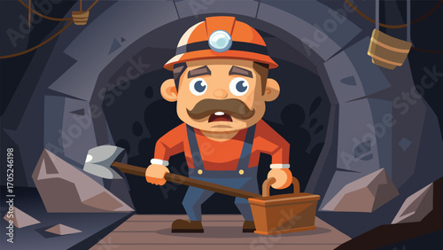 Cartoon miner standing inside a dark cave with tools and a headlamp