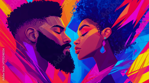 Intense, colorful digital art depicting Black couple's tender, almost-kiss moment, surrounded by vibrant abstract geometric patterns and striking palette of fuchsia, electric blue, and orange.
