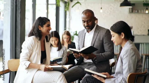 Group of diverse business people reading books and studying together in a cafe, concept teamwork and education.