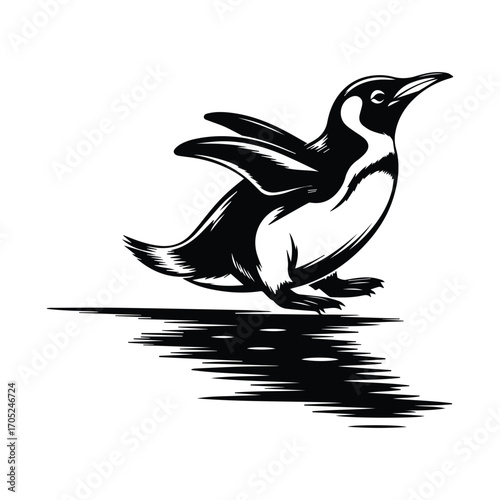 Emperor Penguin Running on Ice Vector Graphic with Snowflakes for Winter Themes