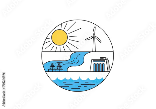 Sustainable energy sources combining sun, wind, river, and dam power for a greener future.