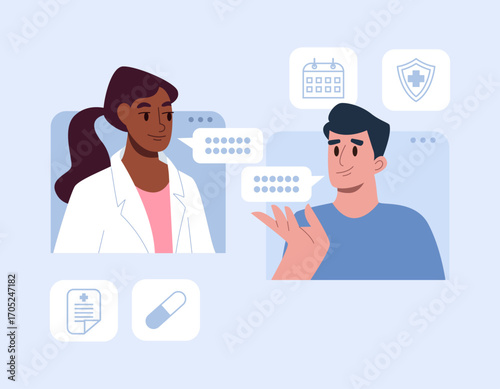Telemedicine concept. Patient meeting with doctor online, having consultation. Vector flat illustration.
