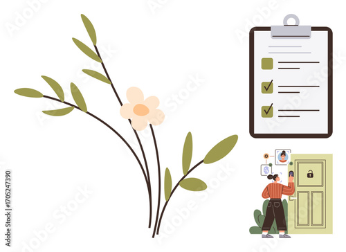 Flowering branch with leaves, checklist with tasks marked as complete, and individual using smart lock for access. Ideal for productivity, safety, organization, nature, tech, smart living simple