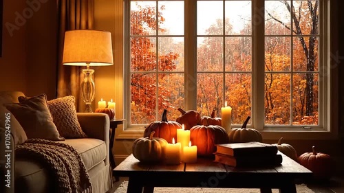 Cozy autumn living room with rain falling outside window