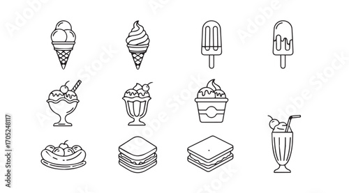 Collection of hand drawn ice cream and dessert silhouettes in a simple line art style