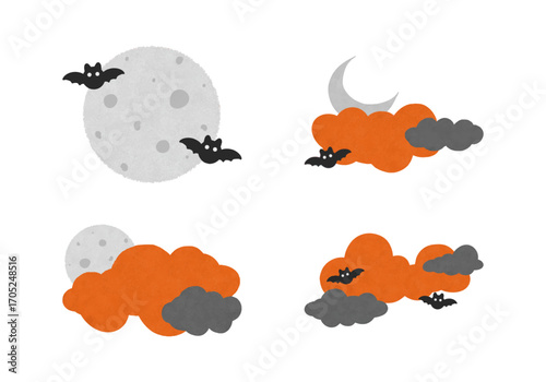 Spooky Halloween Sky Illustration with Moon and Bats