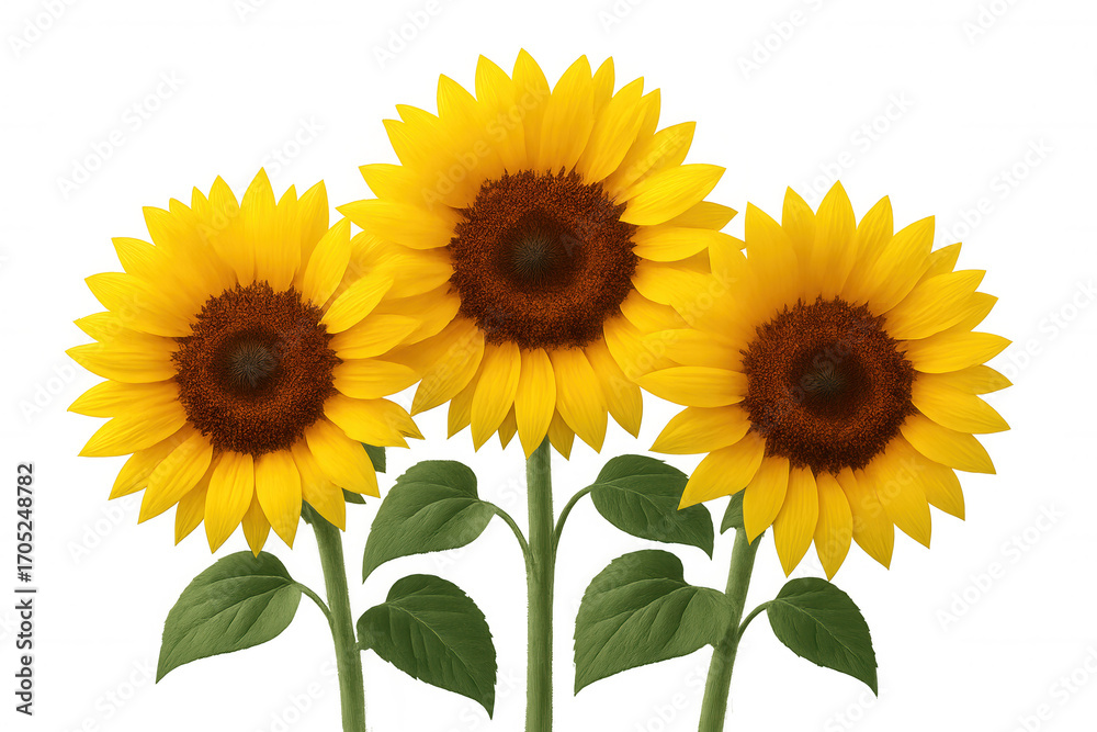 Fototapeta premium Vibrant sunflowers displaying bright yellow petals and rich brown centers, standing with verdant green leaves on clean transparent backdrop