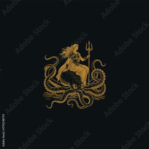 engraving-style logo of a formidable mythical female warrior, possibly a goddess, sitting atop a giant, intricately detailed octopus. Vector illustration