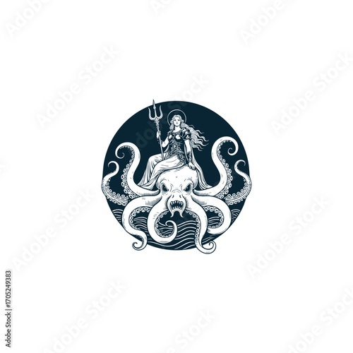 engraving-style logo of a formidable mythical female warrior, possibly a goddess, sitting atop a giant, intricately detailed octopus. Vector illustration