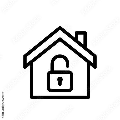 Black vector illustration of a house icon with an unlocked padlock. 