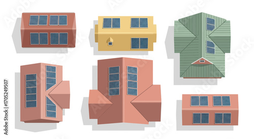 Diverse homes showcase solar panel installations from overhead view, illustrating clean energy adoption