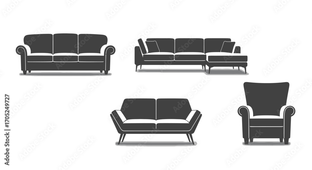 Fototapeta premium Collection of elegant furniture silhouettes including sofas and armchairs silhouette