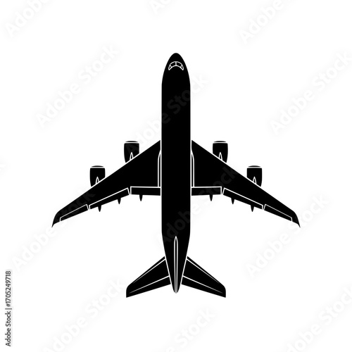 A black silhouette illustration of an airplane from a top-down view. This symbol represents air travel, transportation, aviation, and vacation. 