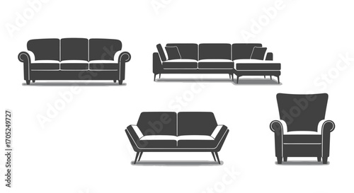 Collection of elegant furniture silhouettes including sofas and armchairs silhouette