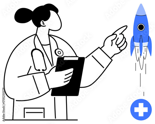 Female doctor holding clipboard, gesturing at ascending rocket with medical cross emblem. Ideal for healthcare progress, medical innovation, future vision, technology, research, entrepreneurship