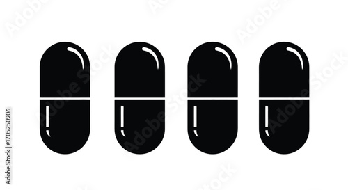 Four black pharmaceutical capsules in a row silhouette