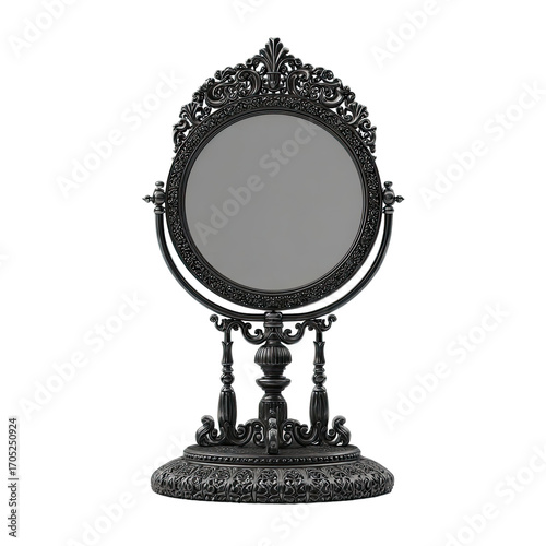 Ornate dark gray antique vanity mirror with intricate carved frame and stand, isolated PNG with Transparent Background
