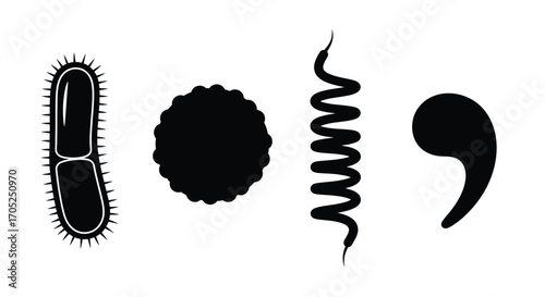 Collection of diverse microorganism silhouettes in black and white