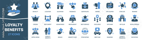 Loyalty and benefits fill icon collection. Set of icons showing VIP privileges, discounts, awards, and exclusive services for customers