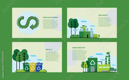 Green business icons representing circular economy, eco-friendly, corporate responsibility and ESG. Zero waste recycling, World environment and Sustainable development. Vector illustration template.