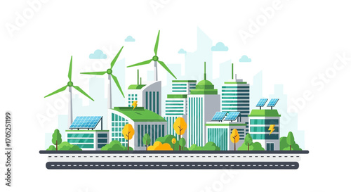 Modern eco-friendly city skyline powered by clean energy and wind turbines