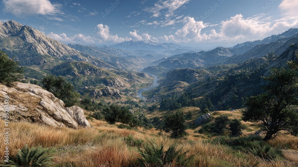 Naklejka premium Majestic mountain landscape with lush valleys and dramatic skies.