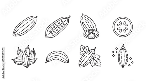 Collection of hand drawn cucumber illustrations in a distinctive silhouette style