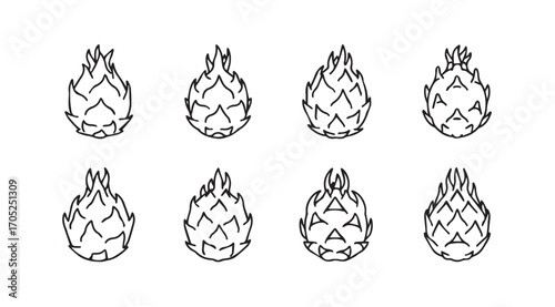 Eight outline illustrations of dragon fruit in a silhouette style