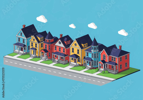 Vibrant row of colorful detached houses with porches lining a suburban street
