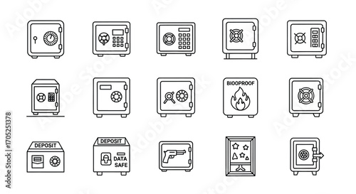 Collection of various safe and vault icons in a clean silhouette style