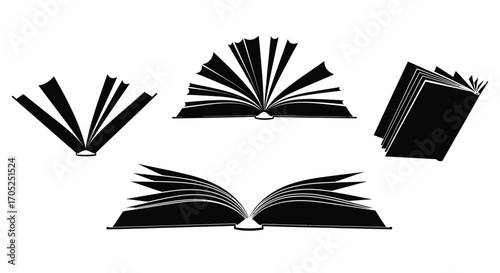 Collection of open and closed books in silhouette style