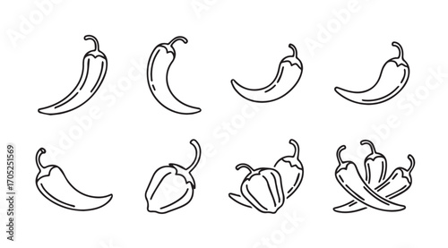 Collection of hand drawn chili pepper silhouettes in various poses