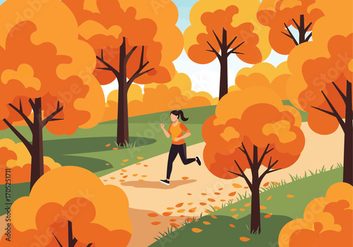Woman jogs on autumn park path surrounded by vibrant orange trees, embracing healthy lifestyle outdoors.