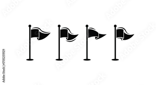 Four waving flags on poles against white background silhouette