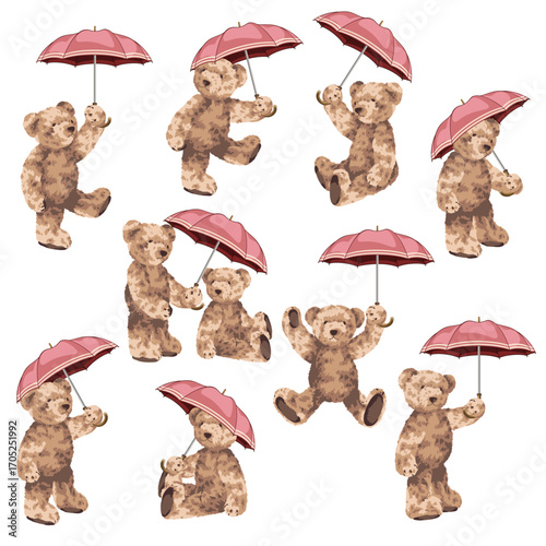 Illustration of a cute little bear holding an umbrella,